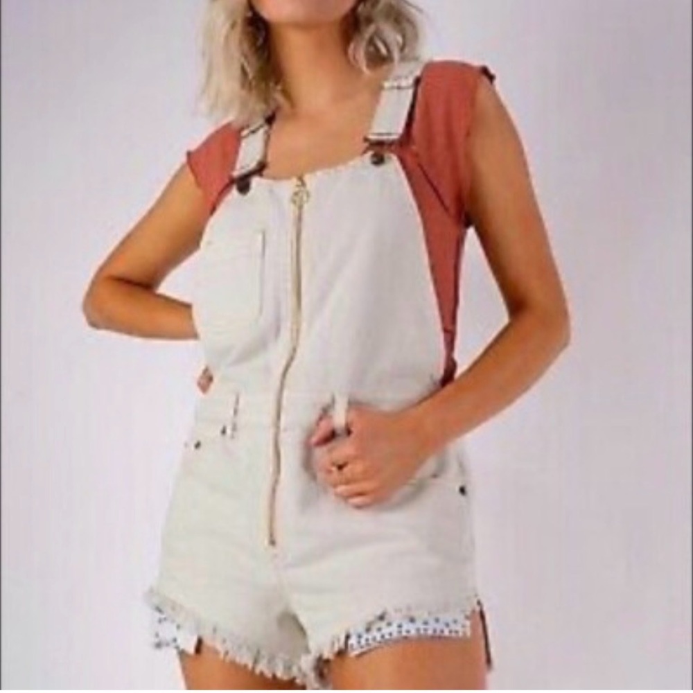 Free People Sunkissed denim shortall romper in off-white size 10